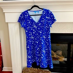 Draper James Women’s Blue/White Floral V-Neck Ponte Love Circle Dress- Size L